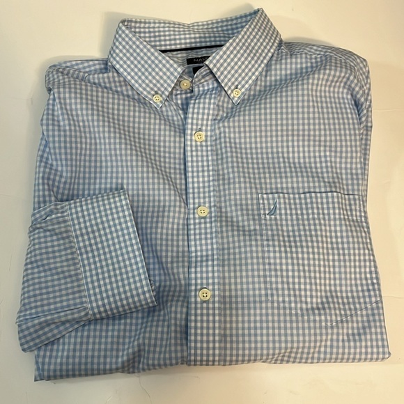 NAUTICA Dress Shirt Classic Fit Stretch Blue/White Check - Picture 1 of 11